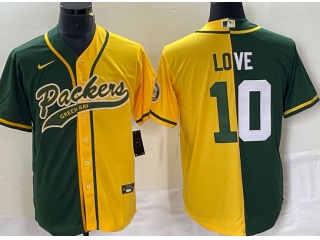 Green Bay Packers #10 Jordan Love Baseball Jersey Green Yellow