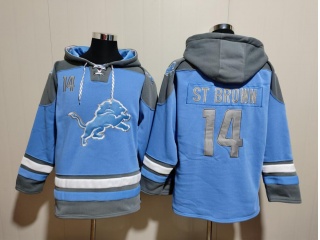 Detroit Lions #14 Amon-Ra St. Brown Hoodies Baby Blue/Grey