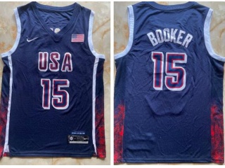 Team USA #15 Devin Booker Paris 2024 Olympics Jersey Blue