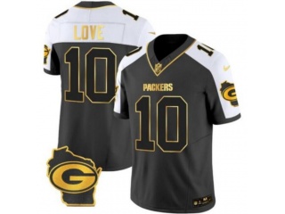 Green Bay Packers #10 Jordan Love with White Shoulder Limited Jersey Black Golden