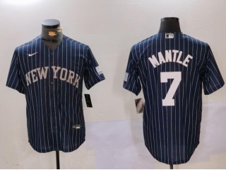 New York Yankees #7 Mickey Mantle Pinstripes Jersey Navy Blue