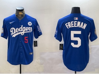 Los Angeles Dodgers #5 Freddie Freeman with 2024 WS Patch & 34 Patch Players Limited Jersey  Blue