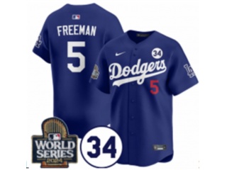 Los Angeles Dodgers #5 Freddie Freeman with 2024 WS Patch & 34 Patch Players Limited Jersey  Blue