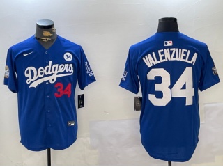 Los Angeles Dodgers #34 Fernando Valenzuela with 2024 WS Patch & 34 Patch Players Limited Jersey Blu...