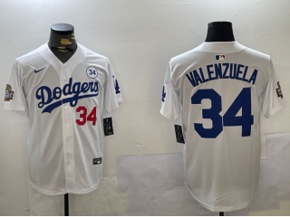 Los Angeles Dodgers #34 Fernando Valenzuela with 2024 WS Patch & 34 Patch Players Limited Jersey Whi...