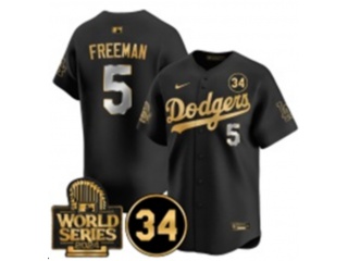 Los Angeles Dodgers #5 Freddie Freeman with 2024 WS Patch & 34 Patch Players Limited Jersey Black Golden