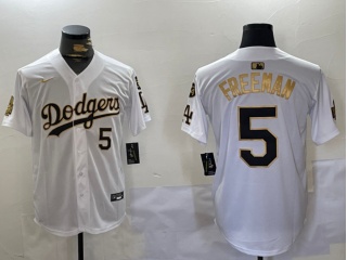 Los Angeles Dodgers #5 Freddie Freeman with 2024 WS Patch & 34 Patch Players Limited Jersey White Golden