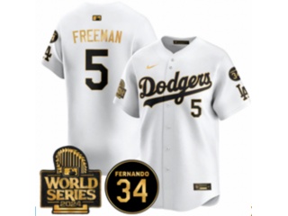 Los Angeles Dodgers #5 Freddie Freeman with 2024 WS Patch & 34 Patch Players Limited Jersey White Golden