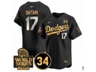 Los Angeles Dodgers #17 Shohei Ohtani with 2024 WS Patch & 34 Patch Players Limited Jersey Black Golden