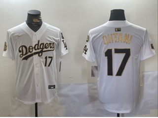 Los Angeles Dodgers #17 Shohei Ohtani with 2024 WS Patch & 34 Patch Players Limited Jersey White Gol...