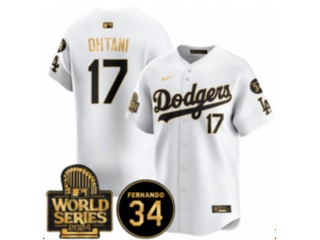 Los Angeles Dodgers #17 Shohei Ohtani with 2024 WS Patch & 34 Patch Players Limited Jersey White Golden