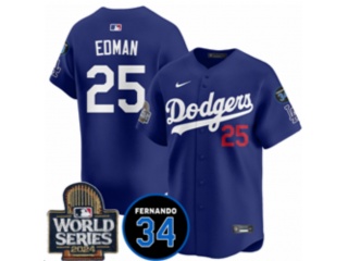 Los Angeles Dodgers #25 Tommy Edman with 2024 WS Patch & 34 Black Patch Players Limited Jersey Blue