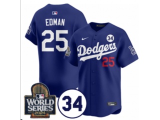 Los Angeles Dodgers #25 Tommy Edman with 2024 WS Patch & 34 White Patch Players Limited Jersey Blue